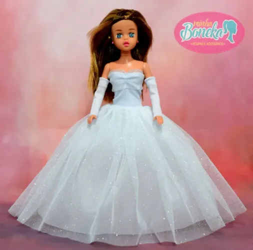 Vestido noiva brilho + luvas Para Boneca Susi Antiga