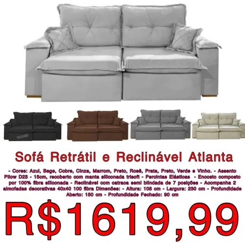 Sofá retrátil Atlanta 2.30m veludo várias cores / frete grátis / pague na entrega
