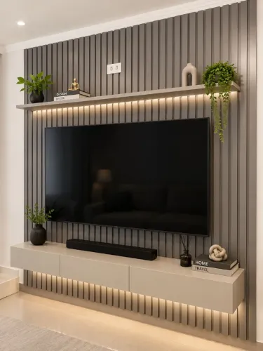 PAINEL RIPADO 230 cm PARA TV ATÉ 85" COM LED E RACK SUSPENSO 3 GAVETAS - 100% MDF NOBRE