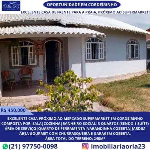 CORDEIRINHO, ORLA 23 IMOBILIÁRIA VENDE! Excelente casa com 3 quartos próximo ao comércio 