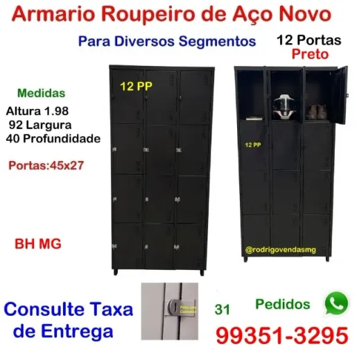 Roupeiro de aço 12 portas Armário preto escaninho comercio volume indústria academia loja