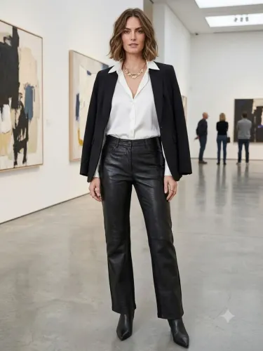PARRESH Calça couro legítimo <br>VESTE ATE TAM 50<br>preto c/ branco <br>l
