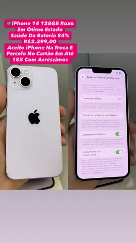 iPhone 14 128GB Roxo - Saúde Da Bateria 84% (Usado)