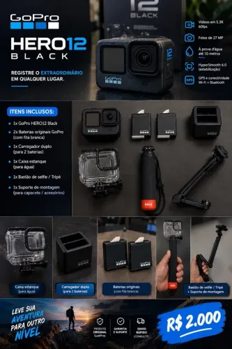 Gopro Hero 12 Black + Acessórios e Baterias