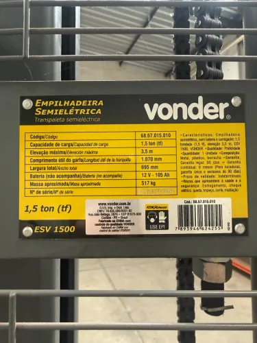 Empilhadeira Semielétrica 1,5 T Elevação 3,5 Esv 1500 Vonder