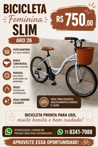 ? BICICLETA FEMININA SLIM ARO 26 - R$ 750,00