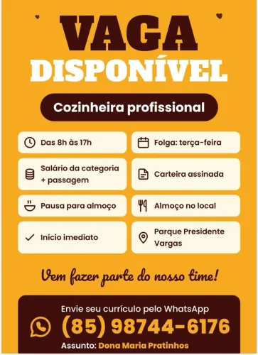 VAGA PARA COZINHEIRA PROFISSIONAL