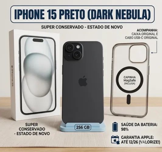 Iphone 15 256gb, saúde da bateria 98% PERFEITO