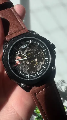Relógio Masculino Automático Longlux Esqueleto Pulseira Couro Marrom - Novo Lacrado