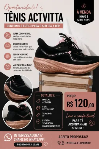 Tênis Feminino Actvitta Preto e Rosé Nº 37 - Ótimo Estado