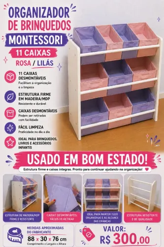 Organizador de Brinquedos Montessori 11 Caixas Rosa/Lilás | Ótimo Estado