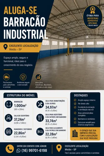 Aluguel de Barracão/Galpão, com 1.151 m2 de área construída, conforme anúncio