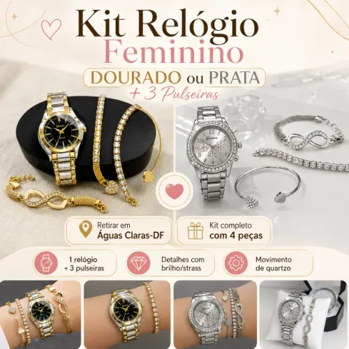 Kit Relógio Feminino Dourado ou Prata + 3 Pulseiras