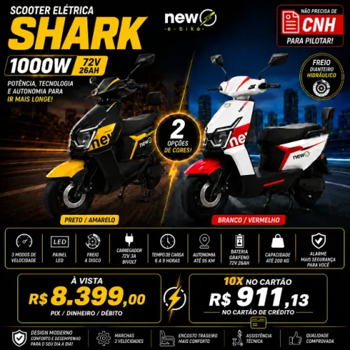 Scooter Elétrica New E-Bike Shark 1000W 72V Grafeno Até 95km Autonomia