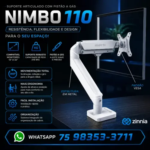 Suporte Articulado Para Monitor 13 a 32 Pistão a Gás Ajustável Zinnia Nimbo 110 Branco