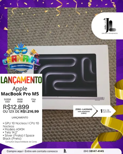 MACBOOK PRO M5, 512GB, 16GB RAM, TELA 14.2?, CHIP M5, LACRADO, LANÇAMENTO!!