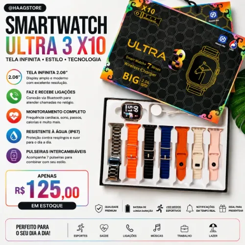 Smartwatch Ultra 3 X10/7 Pulseiras/Tela 2.06/Bluetooth/Carregamento magnético/Ligações