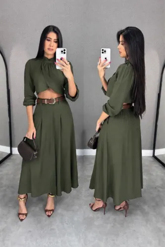 Conjunto Feminino em Linho | Saia Midi + Cropped | Veste até o 44