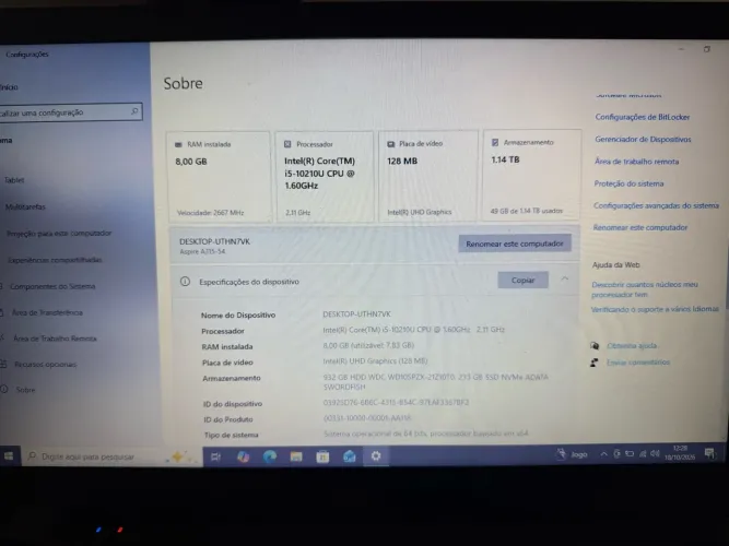 Notebook Acer Aspire 3 Intel Core i5 10ª Geração, 8GB RAM, SSD 256GB + HD 1TB