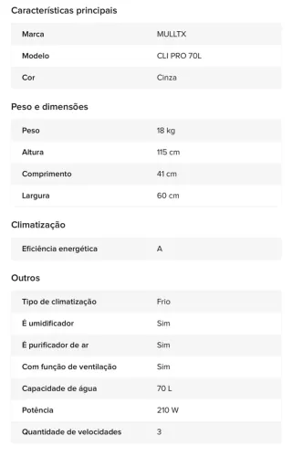 Climatizador De Ar 70 Litros Praticamente NOVO nem usei , ficou grande pra mim.