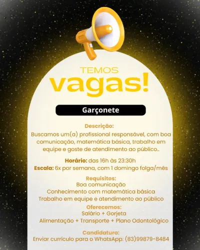 VAGA GARÇONETE | Com experiência