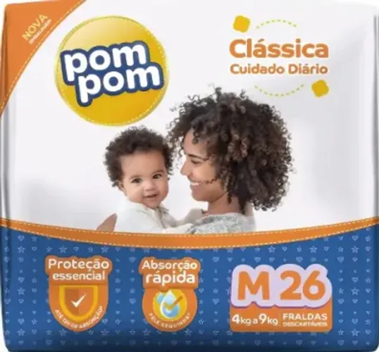 Fralda Pompom Clássica M - 26 Unidades - Pacote Fechado