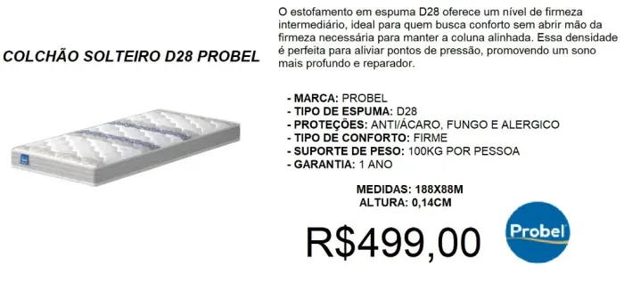 Colchão solteiro espuma d28 probel - à pronta entrega