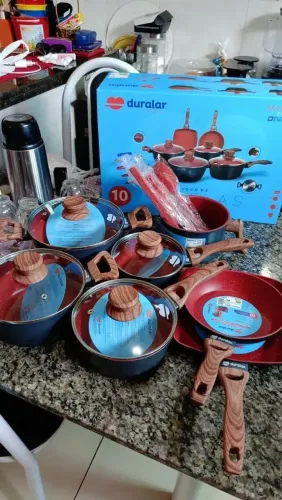 Jogo de Panela Cerâmica Antiaderente Indução 10 Pçs Fogão Cooktop Vermelho Duralar