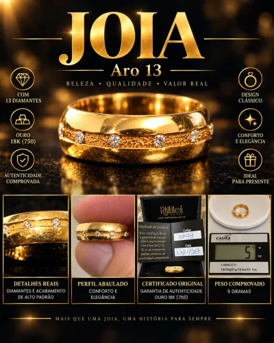 Anel Ouro 18k 750 com 13 Diamantes | 5g | Aro 13 | Certificado