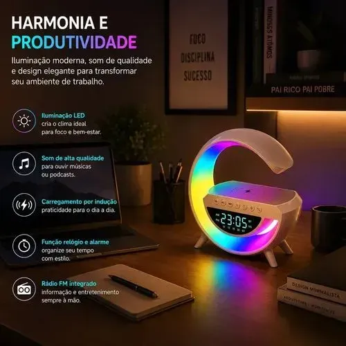 luminária rgb inova com relógio e carregador por indução