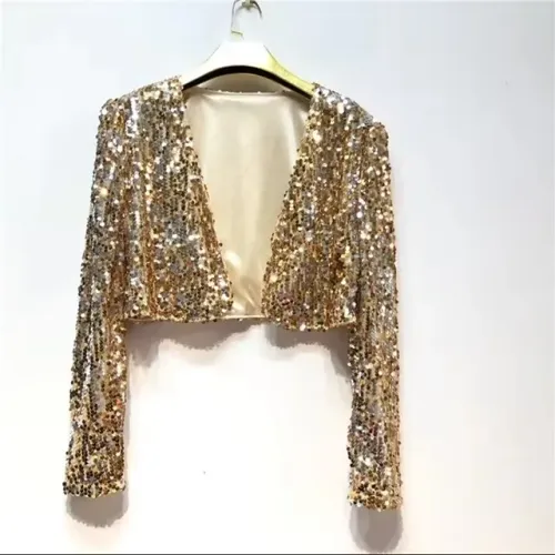 Blusa brilhante paetês douradas, tipo bolero manga comprida