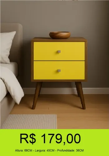 Mesa de cabeceira duas gavetas amarela retrô com pés palito