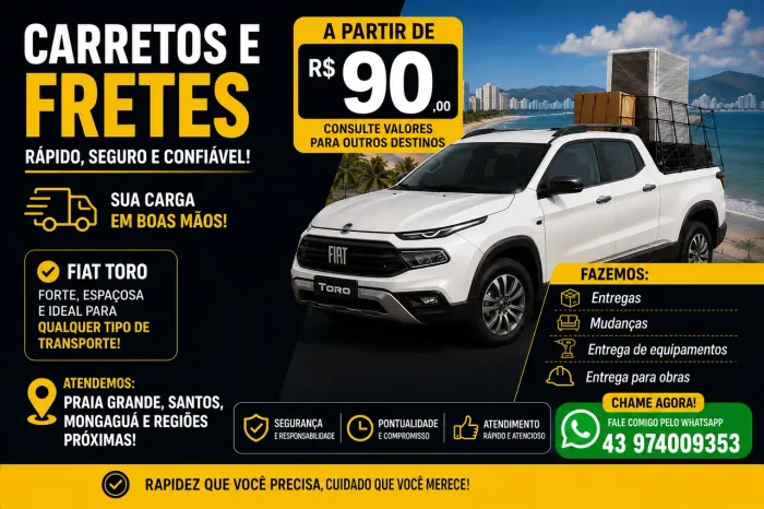Carretos e Fretes com Fiat Toro | A partir de R$ 90 | Praia Grande e Região