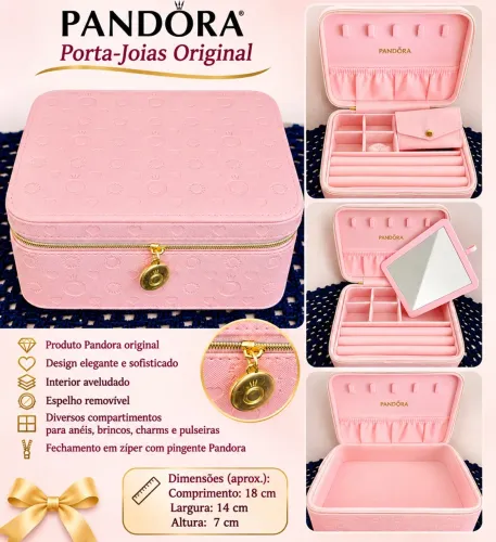 PORTA-JOIAS PANDORA ORIGINAL ROSA - COM ESPELHO E DIVISÓRIAS