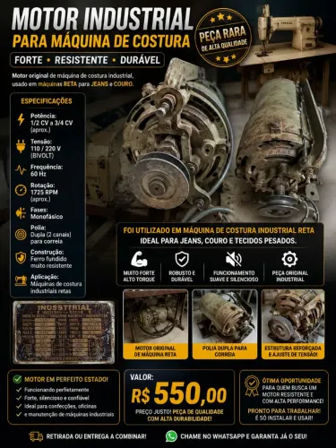 Motor Industrial para Máquina de Costura - Funcionando Perfeitamente - R$ 550