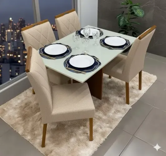 Promoção Mesa de jantar Los Angeles com vidro laqueado e 4 cadeiras bege madeira maciça