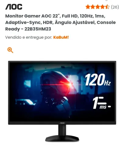 Monitor Gamer AOC 22", Full HD, 120Hz, 1ms, Adaptive-Sync, HDR, Ângulo Ajustável