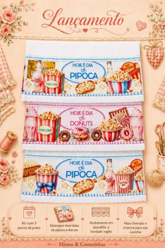 Kit 3 Panos de Prato Decorados | Doces e pipoca | Bordado Inglês