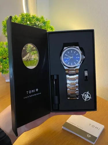 Relógio Masculino TOMI T301 Azul Aço Inox Calendário Novo