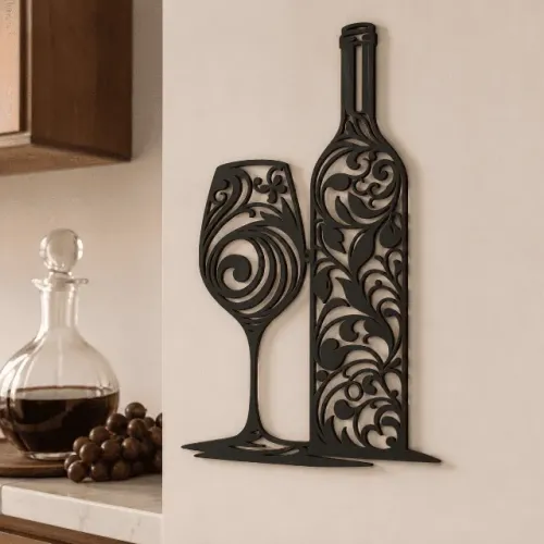 Quadro Vazado Mdf Vinho Garrafa E Taça Para Adega 18x28cm