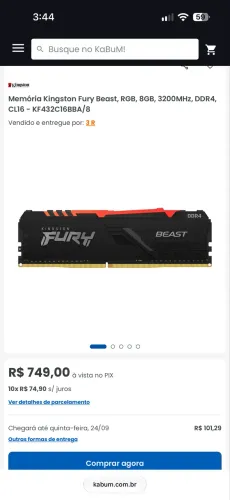 Memória Kingston Fury Beast, RGB, 8GB, 3200MHz, DDR4