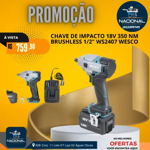 CHAVE DE IMPACTO WESCO WS2407 BRUSHLESS 18V - 350 NM | ENCAIXE 1/2? | ALTA POTÊNCIA