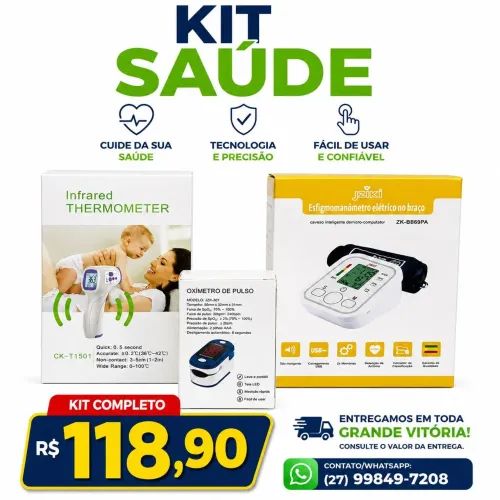 KIT SAUDE COM OXÍMETRO DE PULSO-ESFIGMOMANÔMETRO ELÉTRICO-TERMÔMETRO INFRAVERMELHO