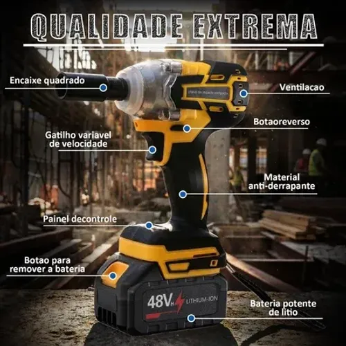 Chave de Impacto Profissional 48V,Alto Torque420N.M - Design Ergonômico, 02 Bateria Lítio