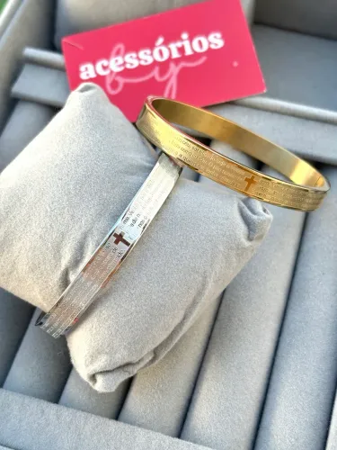 Kit 2 bracelete Oração do pai nosso banhado a 18k - Aço inoxidável
