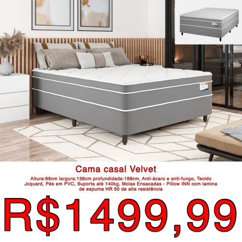 Cama box casal Velvet molas ensacadas espumas h50 suporta 140kg pessoa / frete grátis