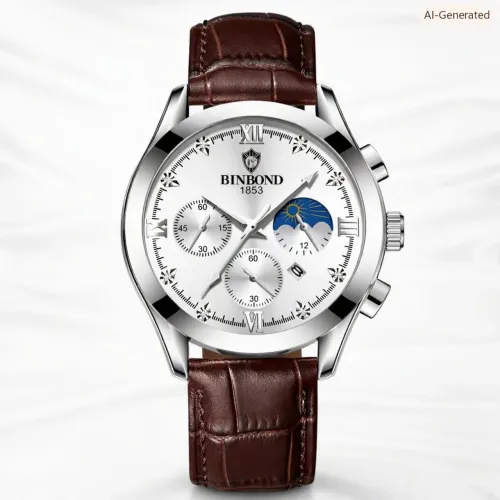 Belo Relógio BINBOND 1853 Silver White Pulseira em Couro Marrom Elegante Social Masculino