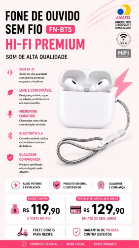 Fone de ouvido sem fio 5.4 redução de ruído 
