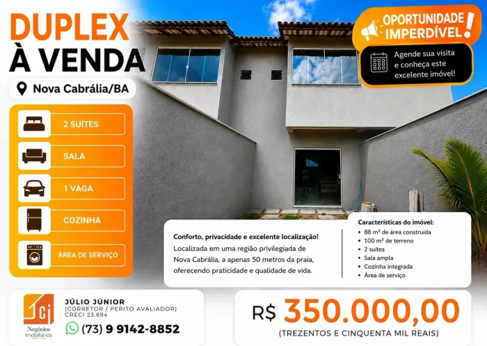 DUPLEX INDIVIDUAL À VENDA NOVA CABRÁLIA/BA