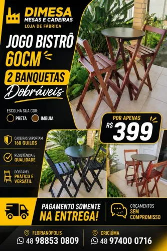 Jogo bistrô com duas banquetas. Atacado e varejo. Entrega rápida. Pague na entrega